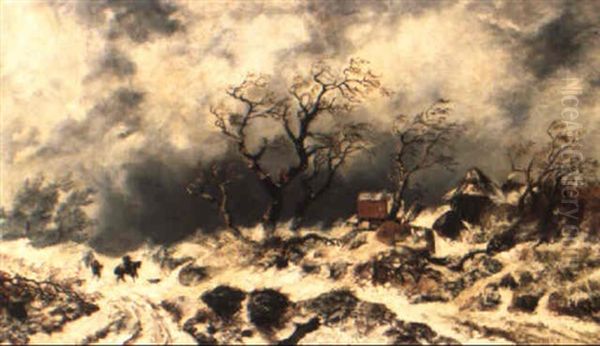 Stormy Winter Landscape With Countryfolk On A Path Oil Painting by Remigius Adriannus van Haanen