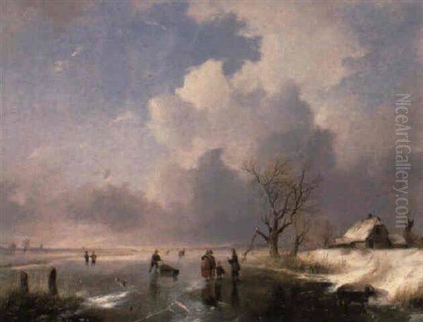 Figures In A Frozen River Landscape Oil Painting by Remigius Adriannus van Haanen