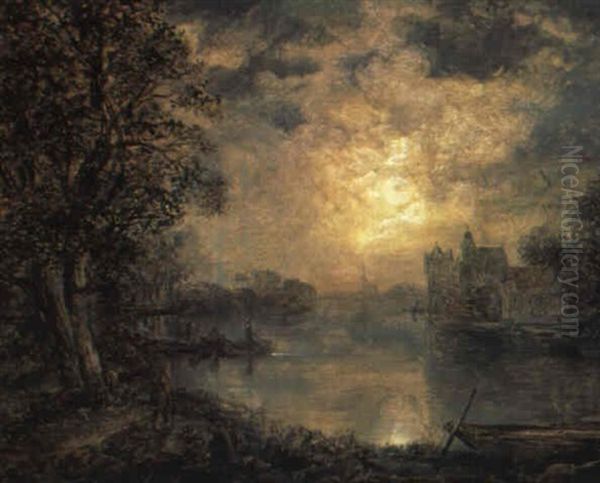 Mondnacht Uber Einer Fluslandschaft Oil Painting by Remigius Adriannus van Haanen