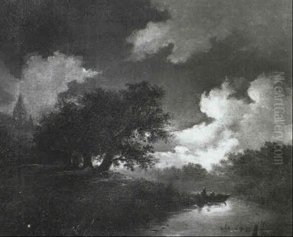 Flusslandschaft Im Mondlicht Oil Painting by Remigius Adriannus van Haanen