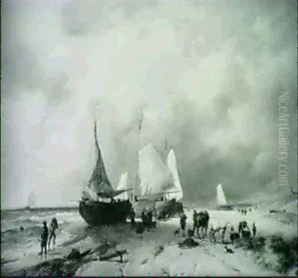 Fishing Boats At Shore Oil Painting by Remigius Adriannus van Haanen