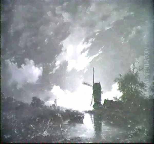 Mondscheinlandschaft Mit Windmuhlen Am Wasser Und Wanderern Links Oil Painting by Remigius Adriannus van Haanen