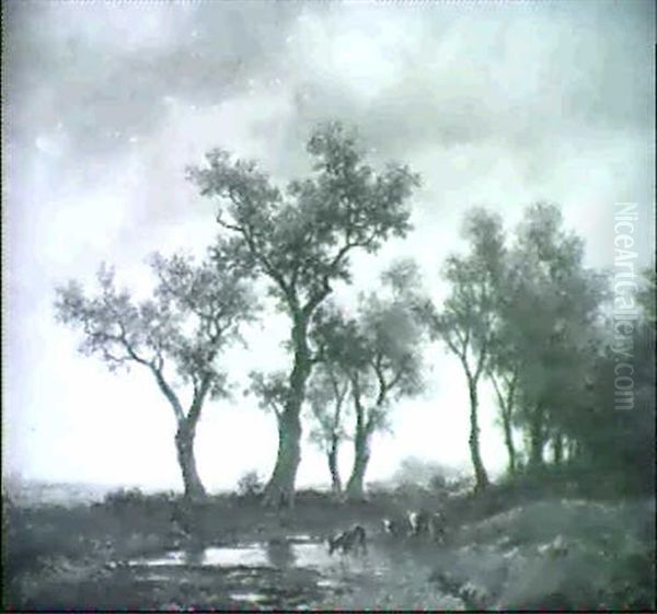 Weite Wiesenlandschaft Mit Baumgruppen Und Einem Kleinen    Weiher Oil Painting by Remigius Adriannus van Haanen