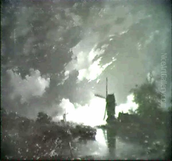 Mondscheinlandschaft Mit Windmuhlen... Oil Painting by Remigius Adriannus van Haanen