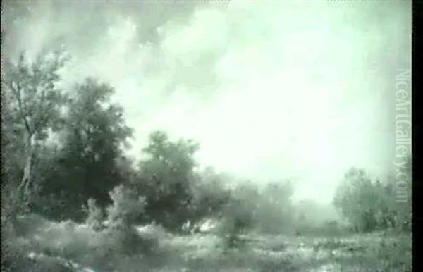 Lagerfeuer In Aulandschaft. Oil Painting by Remigius Adriannus van Haanen