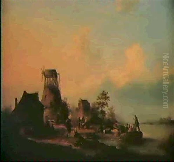 Figures By A Channel Oil Painting by Remigius Adriannus van Haanen