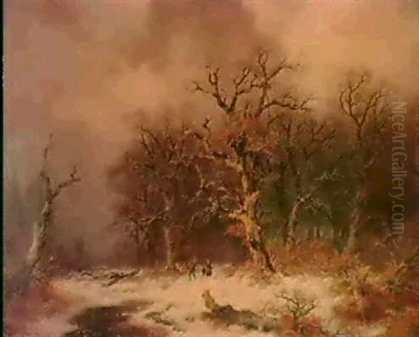 Faggot Gatherers In A Winter Landscape Oil Painting by Remigius Adriannus van Haanen