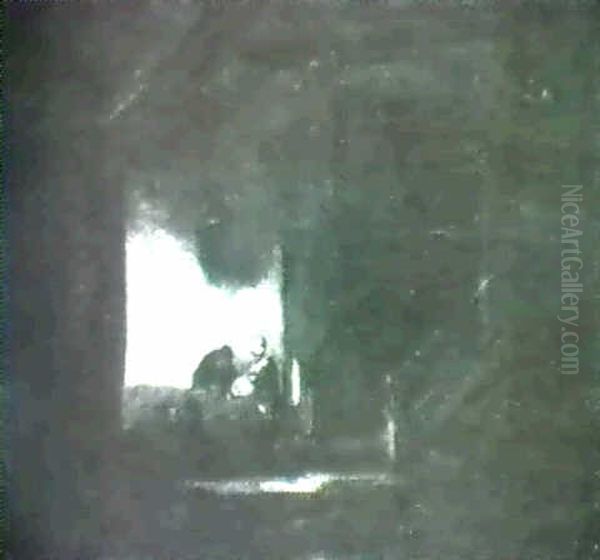 Two Figures In A Sunlit Interior Oil Painting by Remigius Adriannus van Haanen