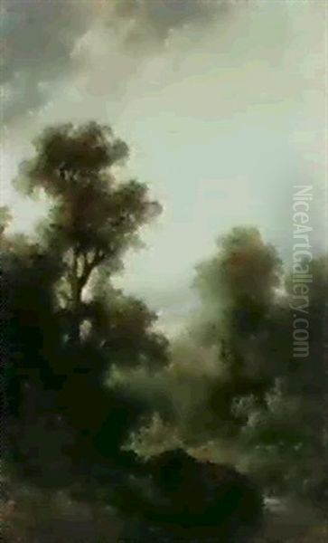 Waldlandschaft Mit Einem Bach Rechts. Oil Painting by Remigius Adriannus van Haanen