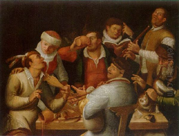A Company Making Music And Carousing In An Interior Oil Painting by Cornelis Cornelisz Van Haarlem