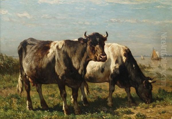 Cattle In A Water Meadow Oil Painting by Johannes-Hubertus-Leonardus de Haas