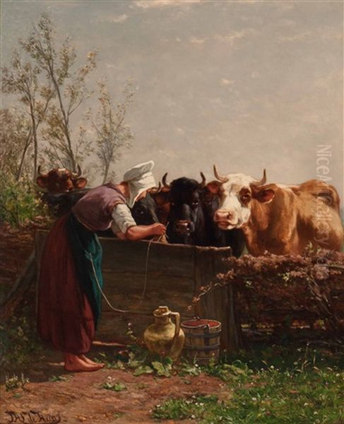 Knitting Milkmaid Oil Painting by Johannes-Hubertus-Leonardus de Haas