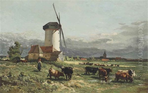 Cows In A Meadow Oil Painting by Johannes-Hubertus-Leonardus de Haas