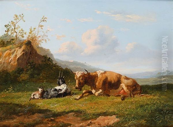 Kuh Mit Zwei Ziegen In Weiter Landschaft Oil Painting by Johannes-Hubertus-Leonardus de Haas