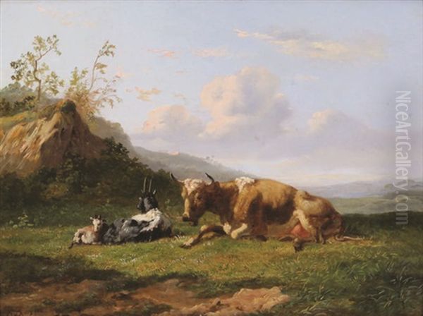 Paysage Accidente Avec Vache Couchee Et Chevres Oil Painting by Johannes-Hubertus-Leonardus de Haas