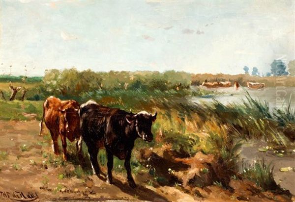 Zomerse Weide Met Koeien Aan De Waterkant Oil Painting by Johannes-Hubertus-Leonardus de Haas