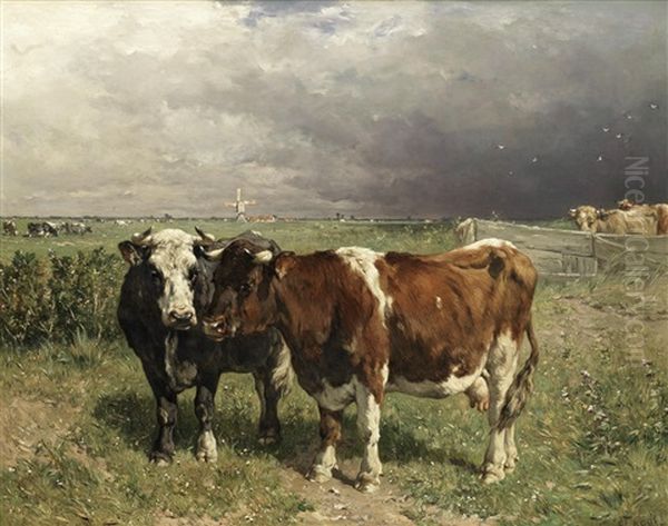 Cattle In A Pasture Oil Painting by Johannes-Hubertus-Leonardus de Haas