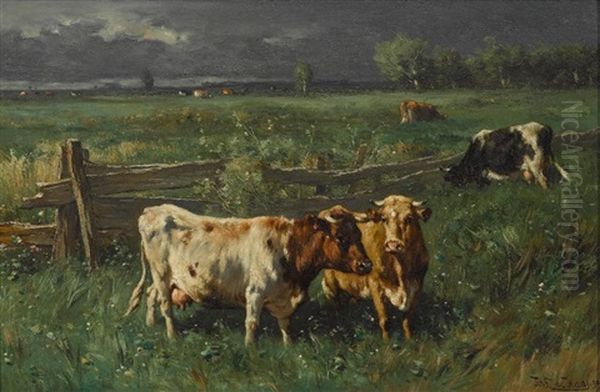 Weidende Kuhe Bei Aufziehendem Gewitter Oil Painting by Johannes-Hubertus-Leonardus de Haas