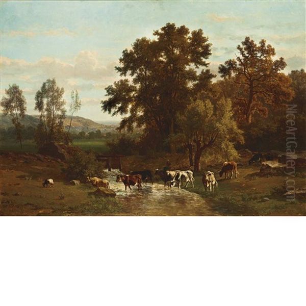 A River Landscape With A Shepherdess And Her Flock Oil Painting by Johannes-Hubertus-Leonardus de Haas