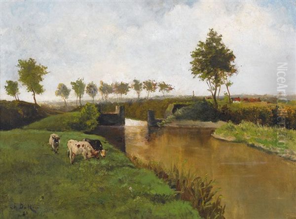 Sommerliche Kanalpartie Mit Weidenden Kuhen Oil Painting by Johannes-Hubertus-Leonardus de Haas