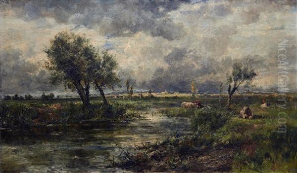 River Landscape With Cattle Oil Painting by Johannes-Hubertus-Leonardus de Haas