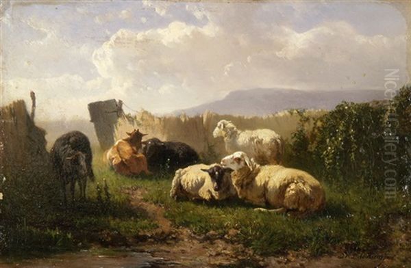 Kuhe Auf Der Weide Vor Einem Seeufer (+ Schafe Vor Dem Gatter; Pair) Oil Painting by Johannes-Hubertus-Leonardus de Haas