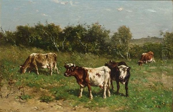 Cows In A Summer Landscape Oil Painting by Johannes-Hubertus-Leonardus de Haas