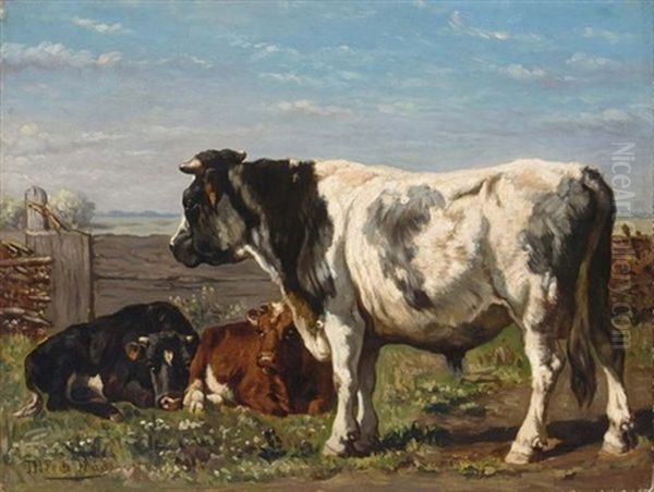 A Bull And Calves In A Summer Landscape Oil Painting by Johannes-Hubertus-Leonardus de Haas