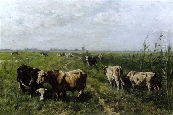 Polderlandschap Met Grazende Koeien Oil Painting by Johannes-Hubertus-Leonardus de Haas