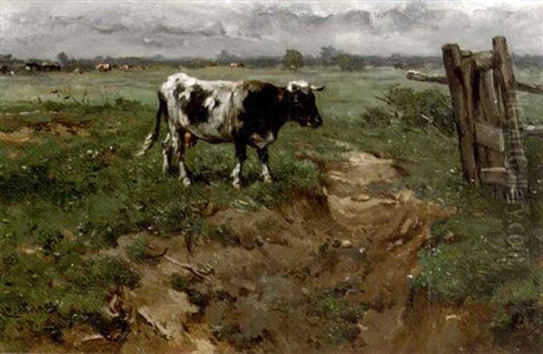 A Cow In An Extensive Polder Landscape Oil Painting by Johannes-Hubertus-Leonardus de Haas