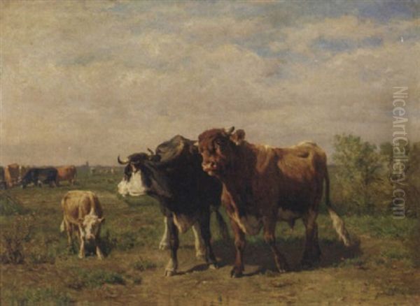 Cows In A Pasture Oil Painting by Johannes-Hubertus-Leonardus de Haas