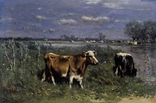 Koeien Aan De Oever Oil Painting by Johannes-Hubertus-Leonardus de Haas