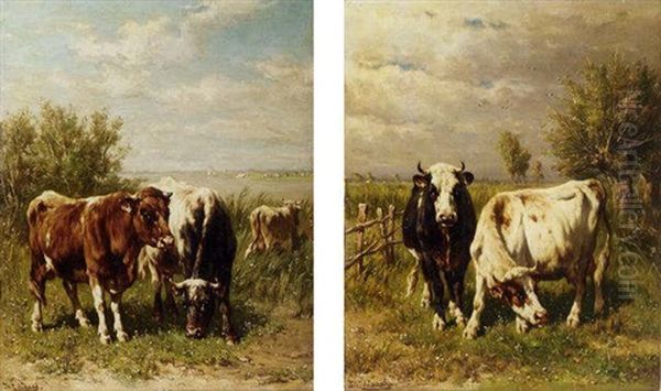 Cows In A Sunlit Riverlandscape Oil Painting by Johannes-Hubertus-Leonardus de Haas