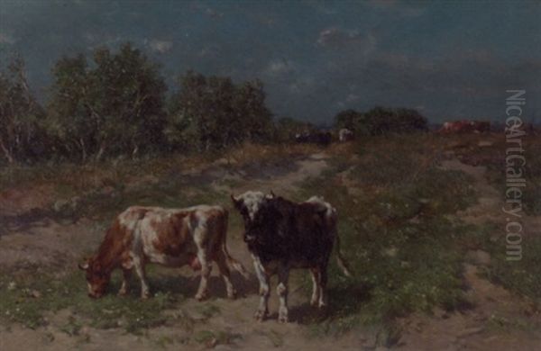 Cows In A Pasture Oil Painting by Johannes-Hubertus-Leonardus de Haas