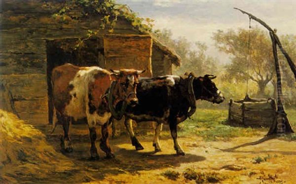 Cows By A Well Oil Painting by Johannes-Hubertus-Leonardus de Haas
