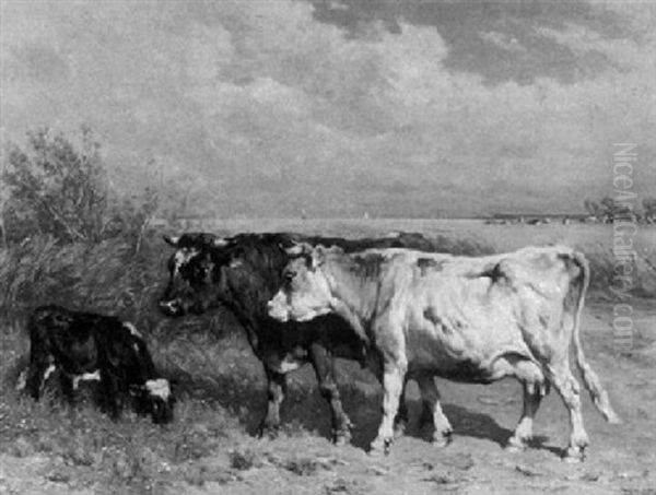 Weidende Kuhe In Hollandischer Landschaft Oil Painting by Johannes-Hubertus-Leonardus de Haas