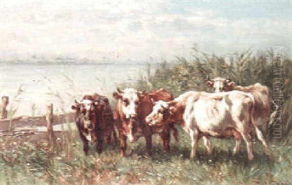 Grazing Cows Oil Painting by Johannes-Hubertus-Leonardus de Haas
