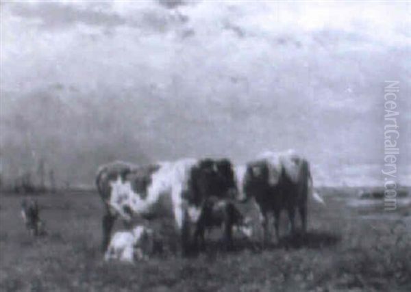 Kuhweide Mit Stier, Kuh Und Drei Kalbern Oil Painting by Johannes-Hubertus-Leonardus de Haas