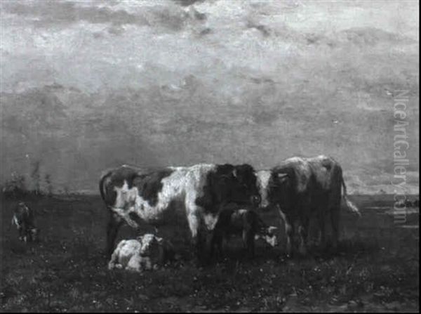 Weite Weidelandschaft Mit Stier, Kuh Und K,lbern Oil Painting by Johannes-Hubertus-Leonardus de Haas