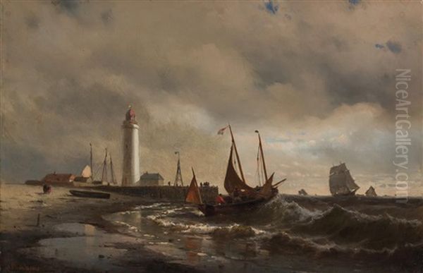 Ships Near A Lighthouse Oil Painting by Mauritz F. H. de Haas