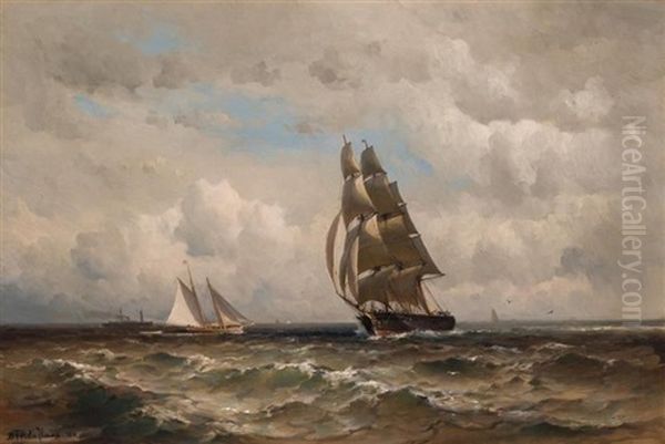 Brigantine, Schooner And Steamship At Sea Oil Painting by Mauritz F. H. de Haas