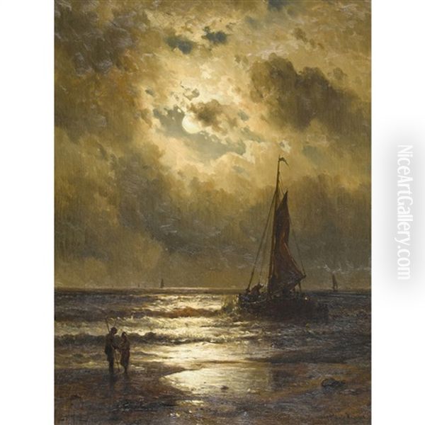 Strandpartie Im Mondschein Mit Segelboot Oil Painting by Mauritz F. H. de Haas