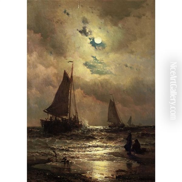 Sailboats By Moonlight Oil Painting by Mauritz F. H. de Haas