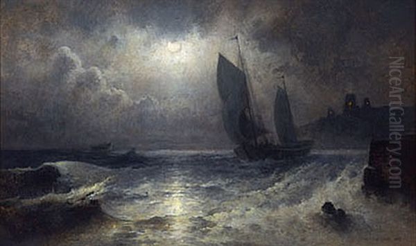 Sailboat Off A Moonlit Coast Oil Painting by Mauritz F. H. de Haas