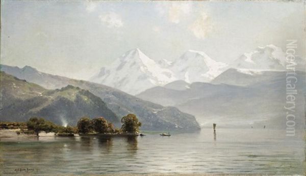 A View Of The Thunersee With The Eiger Mountains, Monch And Jungfrau Beyond, Switzerland Oil Painting by Mauritz F. H. de Haas