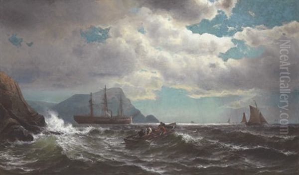 Lobstermen Off A Northeast Coast (maine?) With A Packet Ship And A Steam Tug In The Distance Oil Painting by Mauritz F. H. de Haas