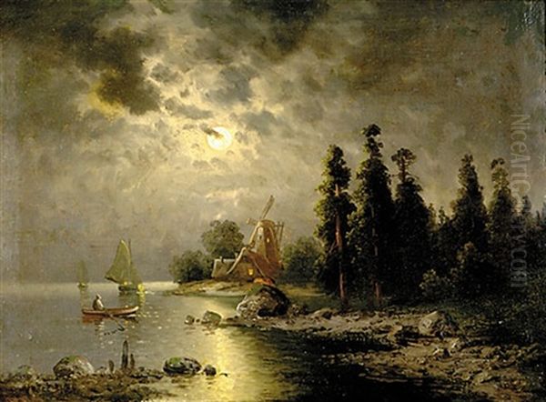 Moonlit Seascape Oil Painting by Mauritz F. H. de Haas