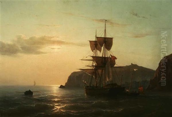 Ship And Long Boat Near A Harbor Entrance With Pilot Boat Astern Oil Painting by Mauritz F. H. de Haas