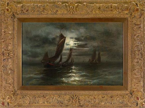 Ships Under The Moonlight Oil Painting by Mauritz F. H. de Haas
