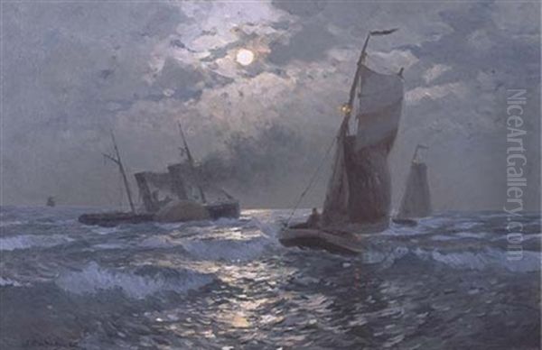 Ships In Moonlight Oil Painting by Mauritz F. H. de Haas